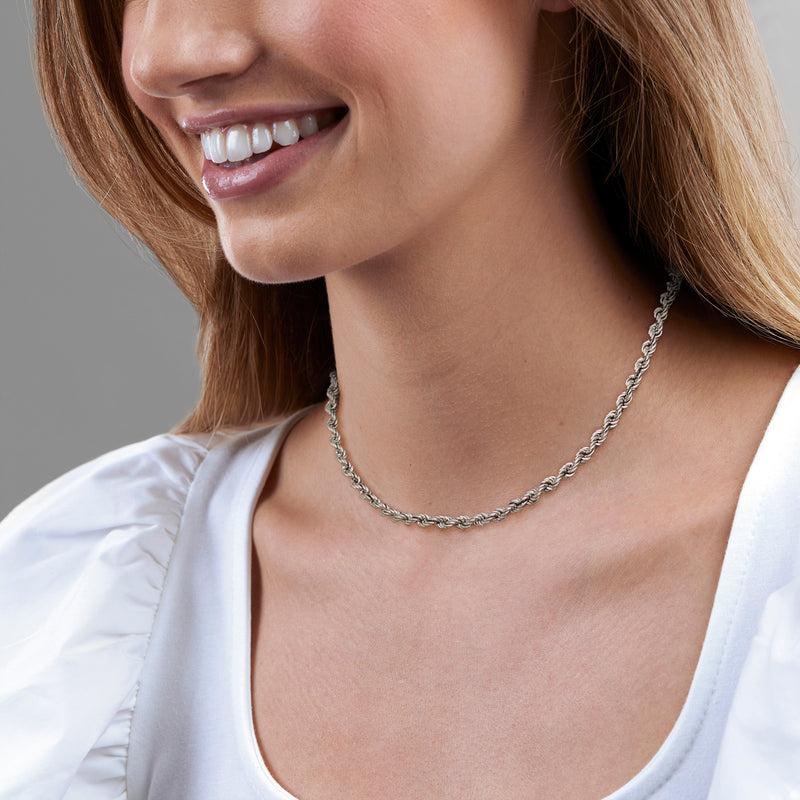 4mm sterling silver rope-chain necklace on model, curved short length at neck