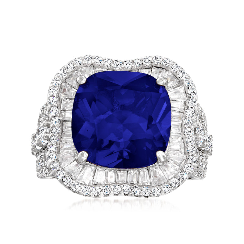 Sterling silver ring with cushion-cut blue simulated sapphire and CZ halo