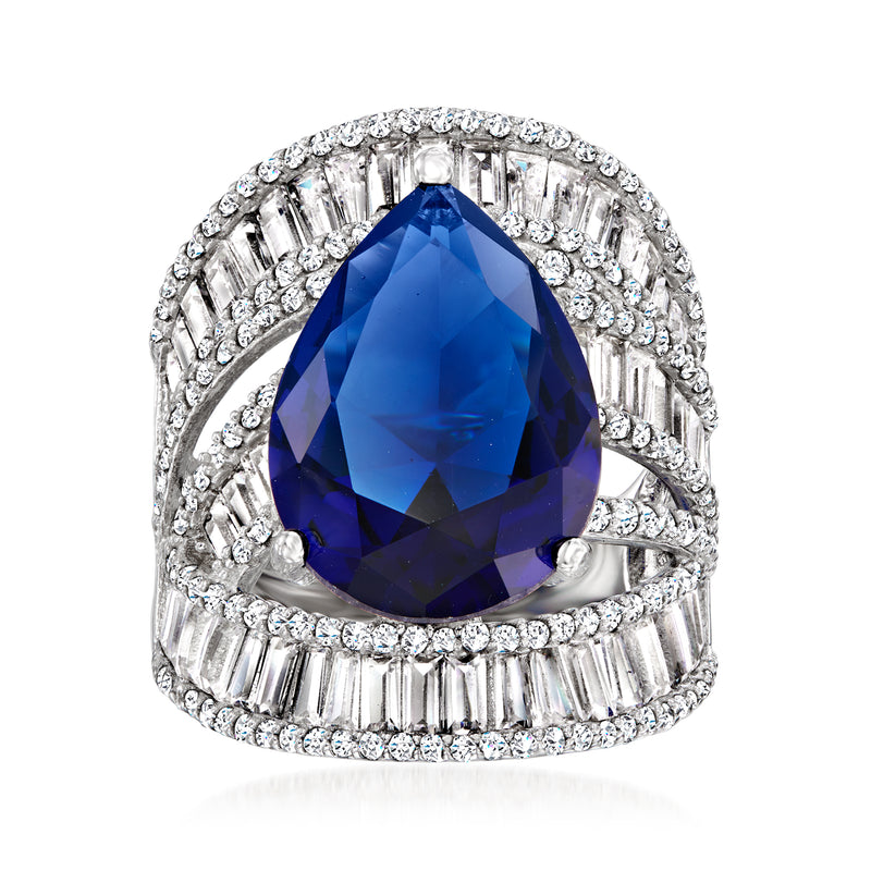 Sterling silver ring with large blue simulated sapphire-style teardrop and CZ baguette halo
