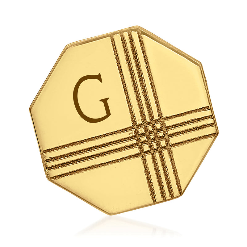 14kt yellow gold octagonal tie tack with 'C' initial and striped cross design