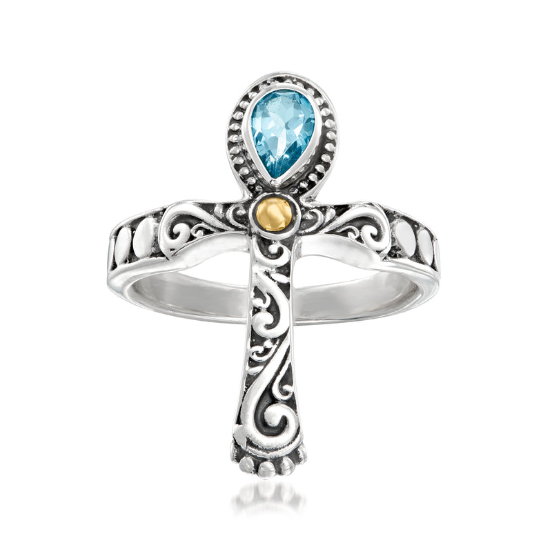 Sterling silver cross ring with Swiss Blue Topaz and yellow gold accent