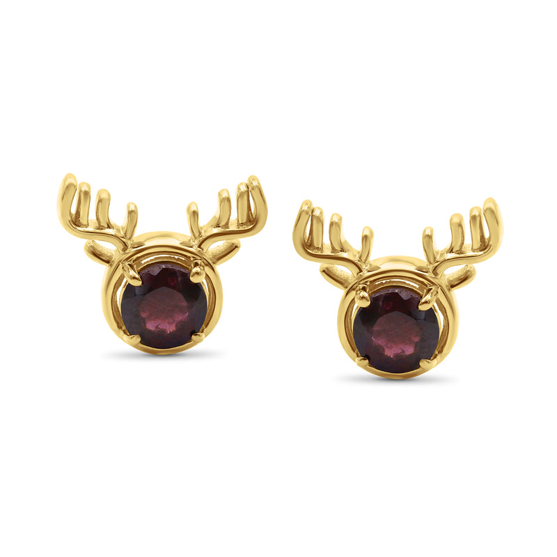 Reindeer antler stud earrings with round garnet, 18kt gold over sterling, post backs