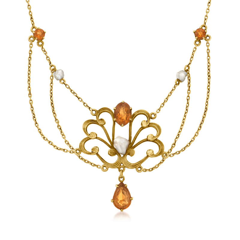 Yellow gold filigree drop necklace with cultured pearl and citrine-orange gemstones
