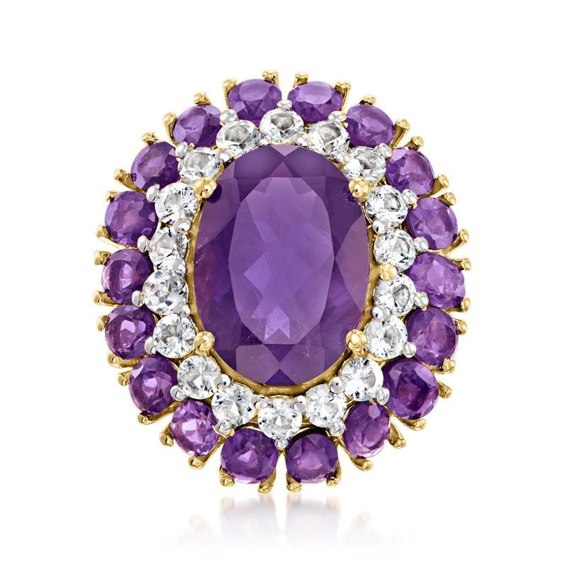 Oval amethyst centerpiece ring with purple halo stones and white accents in gold setting
