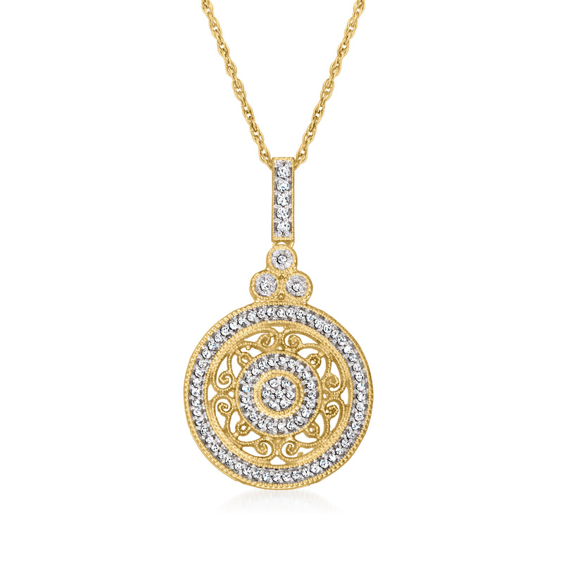 Gold openwork circle diamond pendant on chain, 18kt gold over sterling