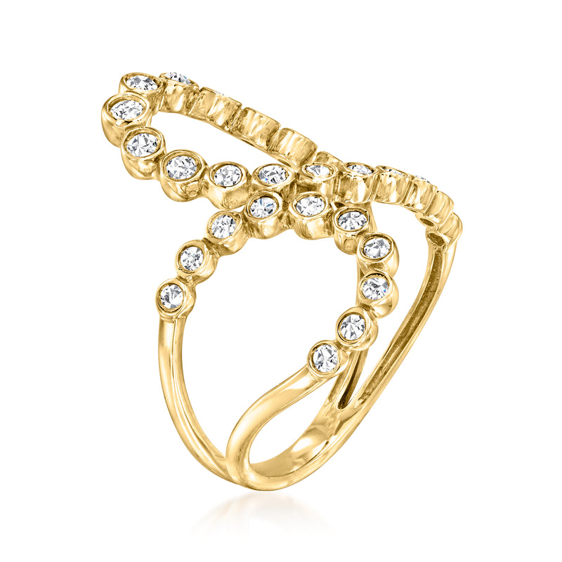 14kt yellow gold double-loop diamond ring, side view with bezel-set stones