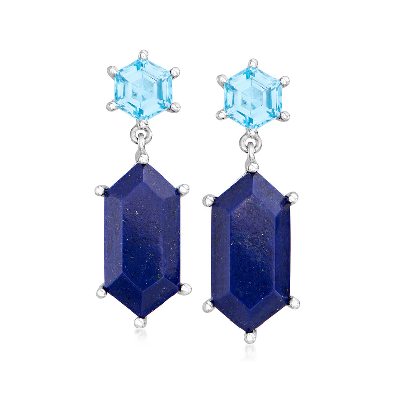Sterling silver drop earrings with faceted sky-blue and deep lapis stones, linked dangles