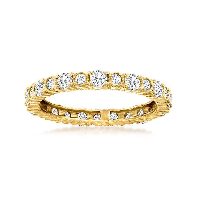 14kt yellow gold diamond eternity band with milgrain edge and round pave stones
