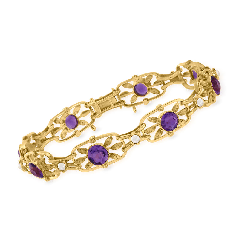 Vintage amethyst and pearl leaf bracelet in yellow gold