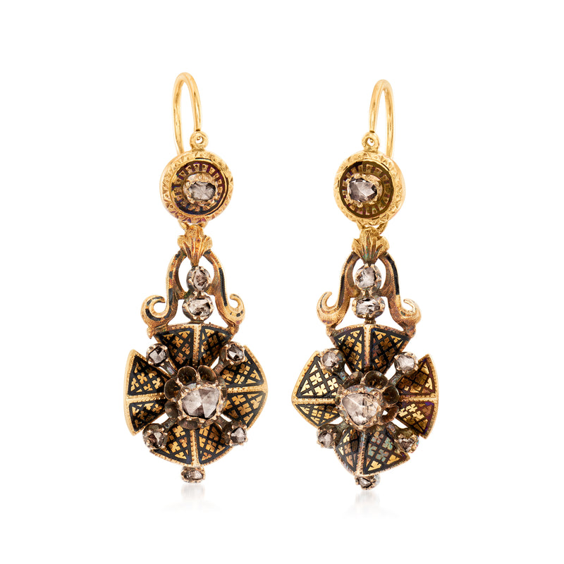 Vintage diamond drop earrings in 14kt yellow gold with black enamel and ornate dangles