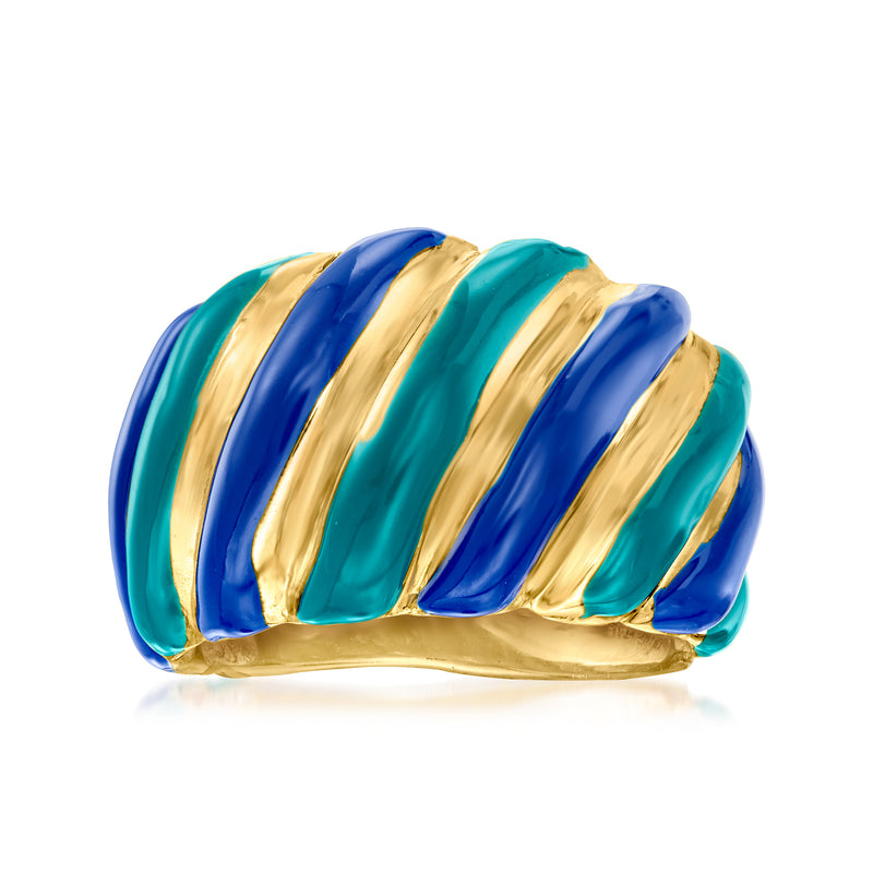 Geometric enamel ring with blue and teal bands and gold ridged trim