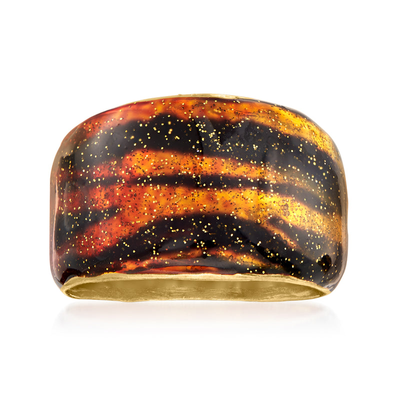 Multicolored enamel tiger-print ring with glossy dome and gold rim