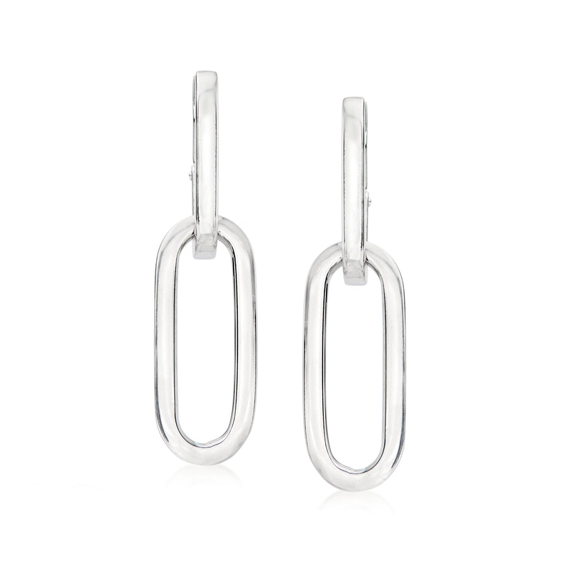 Sterling silver link hoop drop earrings with rectangular-oval outline