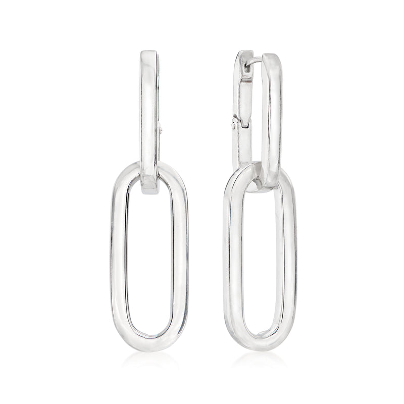 Sterling silver link hoop drop earrings shown side view, oval frames