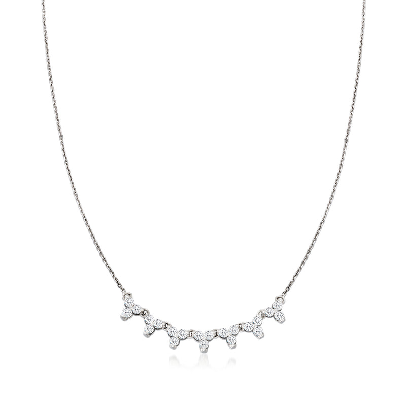 18kt white gold three-stone cluster diamond necklace with small round stones