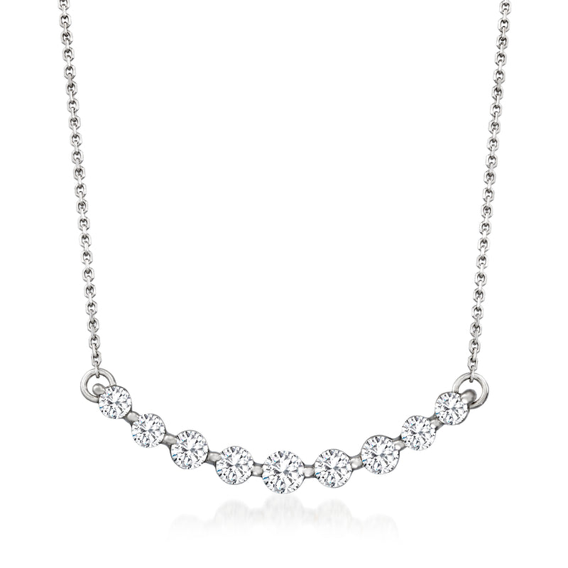 Curved bar diamond necklace with round stones on white gold chain