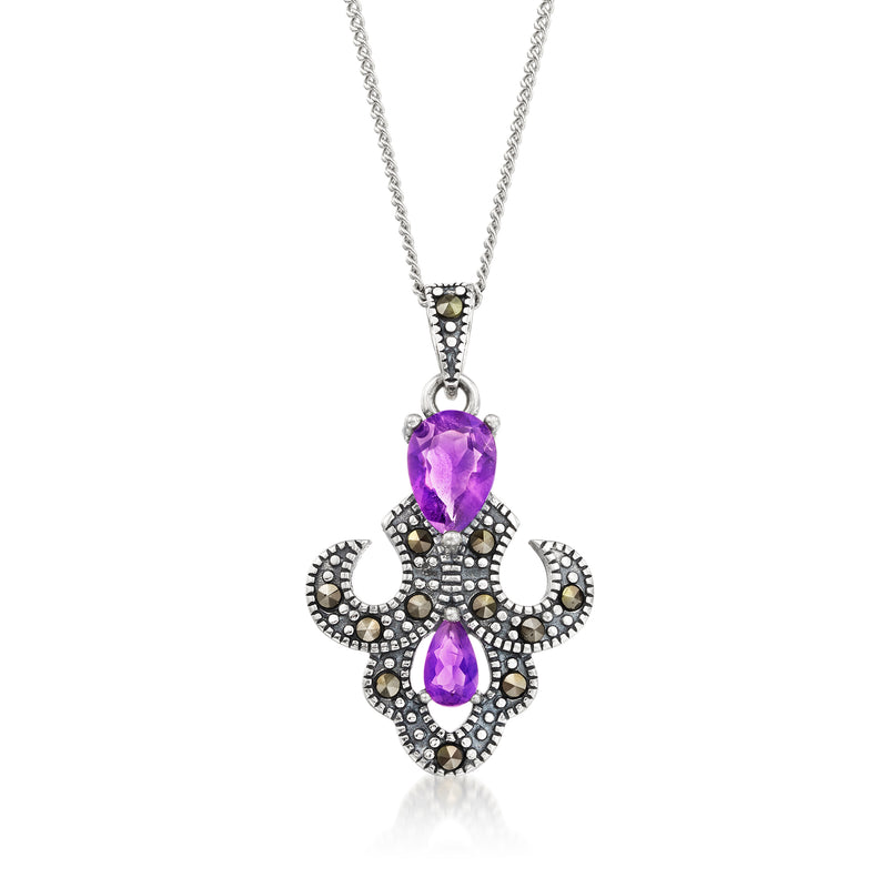 Sterling silver pendant necklace with ornate marcasite design and two purple amethyst drops