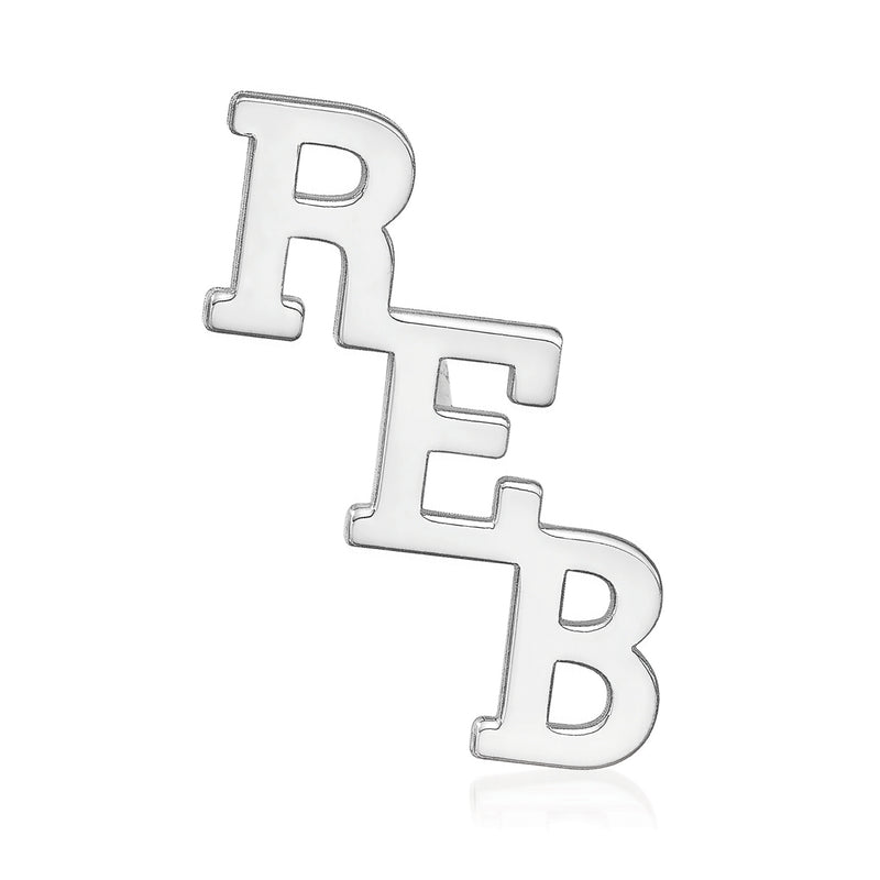 Sterling silver three-initial cut-out tie tack with connected letter shapes