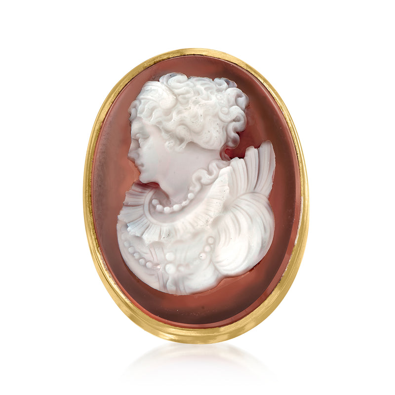 Vintage style oval cameo ring, 14kt yellow gold bezel with white profile on orange-red