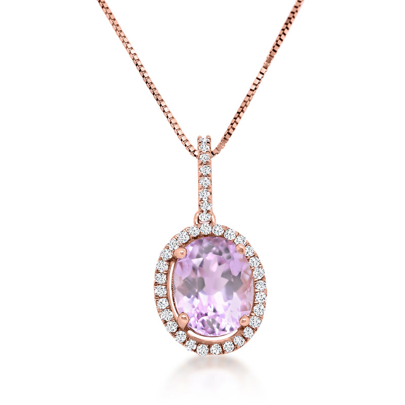 14kt rose gold kunzite pendant necklace with oval lavender stone and diamond halo