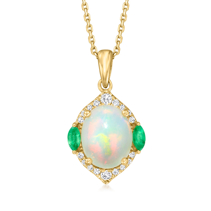 Yellow gold opal pendant necklace with diamond halo and green emerald side stones