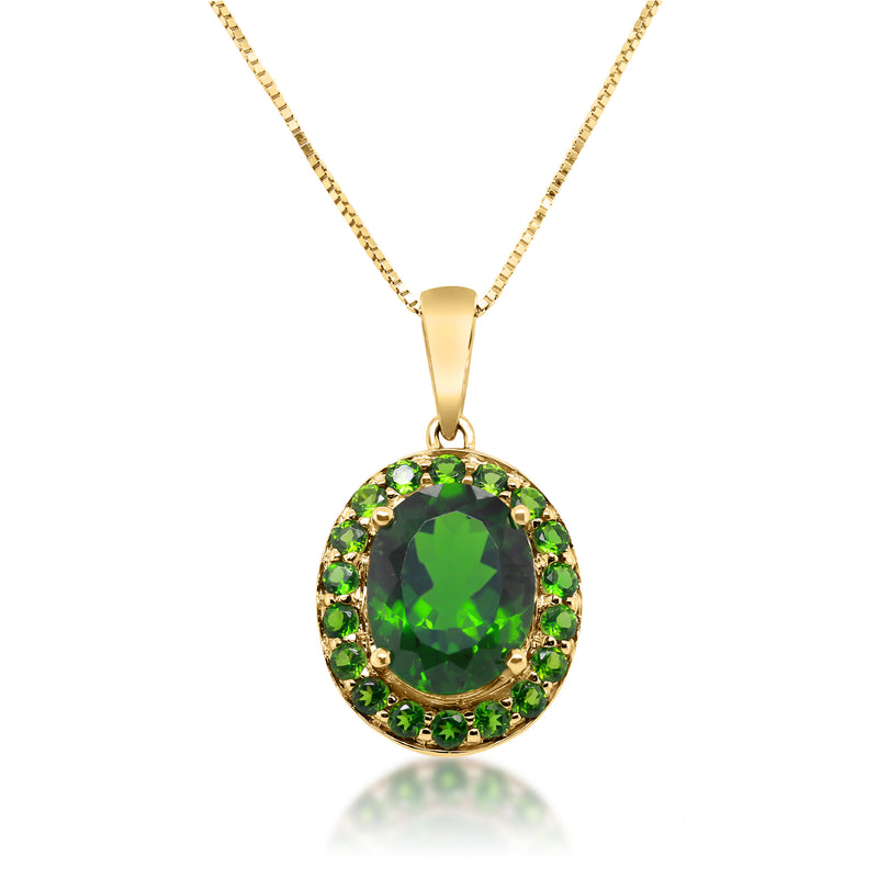 14kt yellow gold pendant necklace with oval green chrome diopside and halo