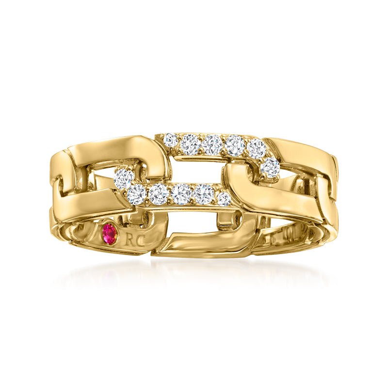 18kt yellow gold diamond ring with central row of round stones and pink gemstone accent