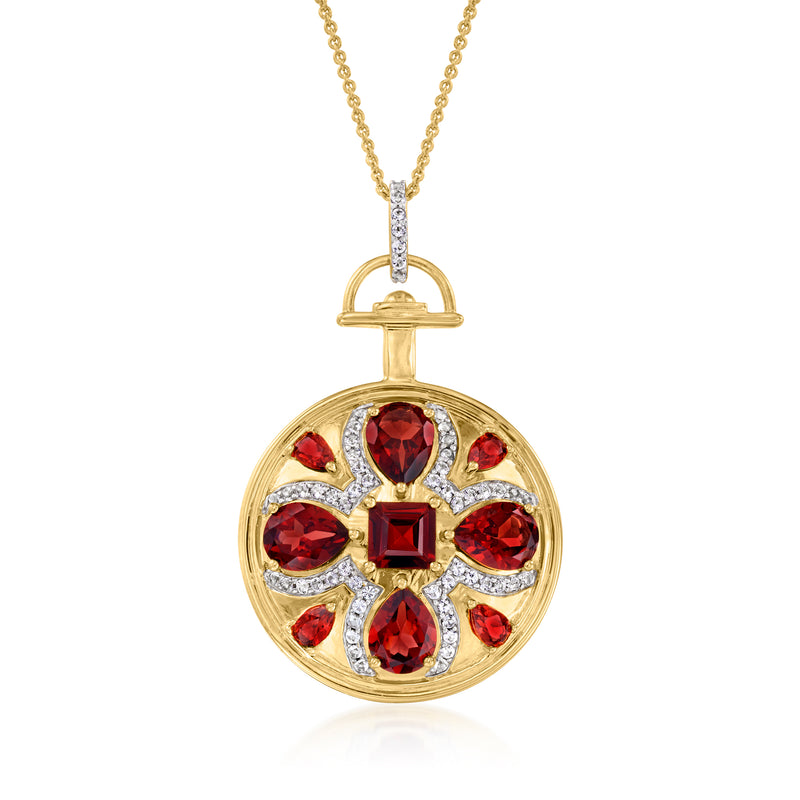 18kt gold over sterling pendant necklace with round medallion, garnet-red center stones
