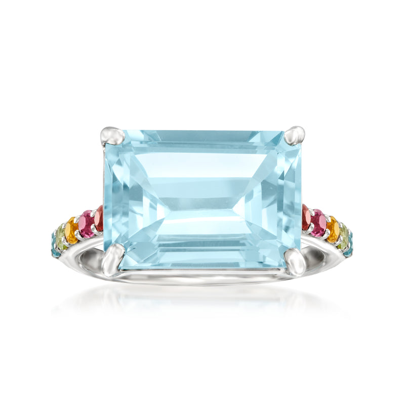 Sterling silver ring with large sky blue rectangular-cut gemstone and prong-set sides
