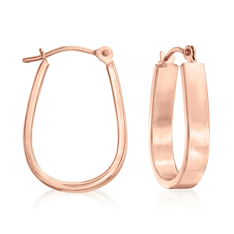 Rose gold wide oval hoop earrings, hinged clasp with smooth polished finish