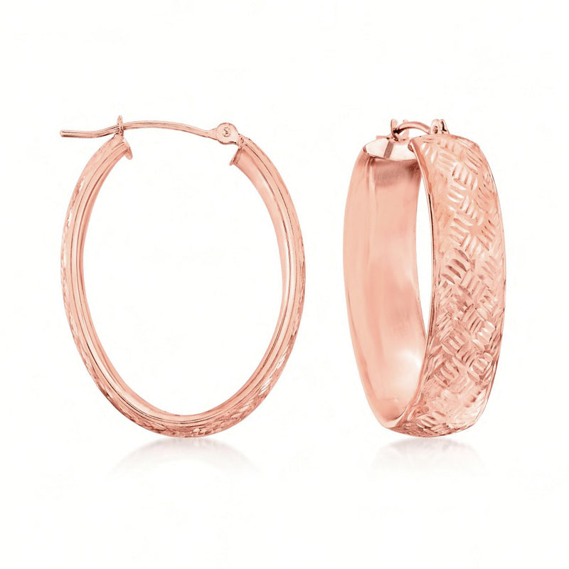 Rose gold diamond-cut hoop earrings, circular design with hinge clasp.