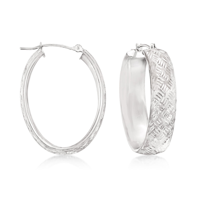 14kt white gold diamond-cut hoop earrings, oval hoop with stud post