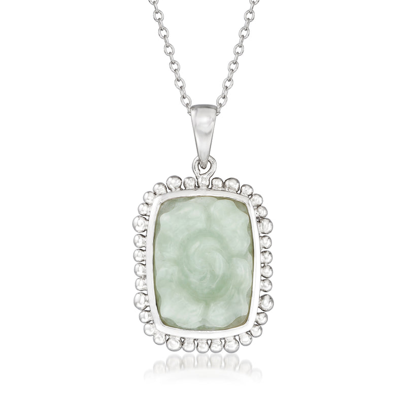 Sterling silver jade pendant necklace with square cabochon and beaded halo setting
