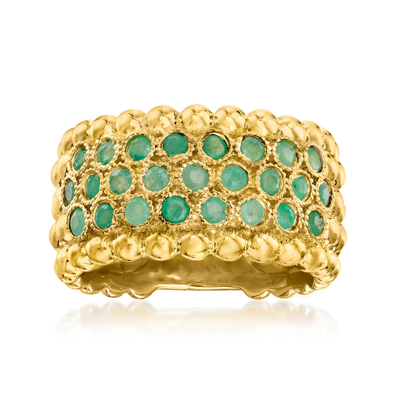 Gold over sterling multi-row ring with emerald-green round stones and textured band