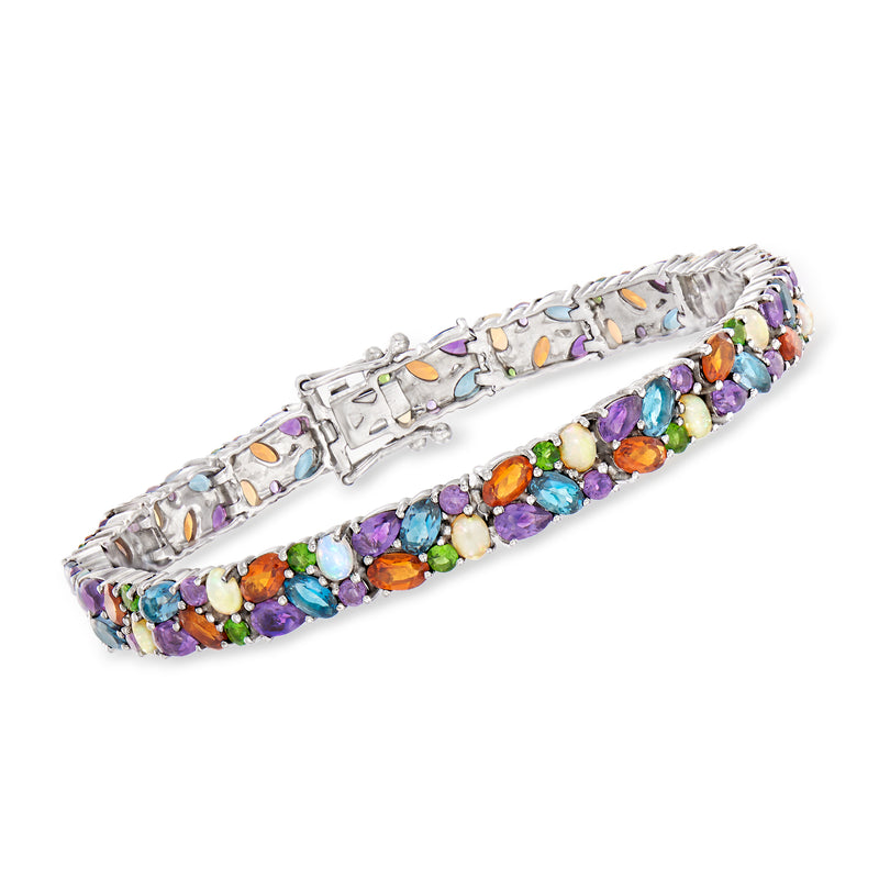 Sterling silver multi-gemstone bracelet with colorful opal-like stones in purple, green, orange