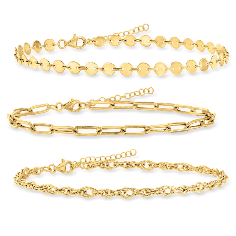 Three gold-tone anklets, stacked views: ball-link chain, oval-link, and curb chain