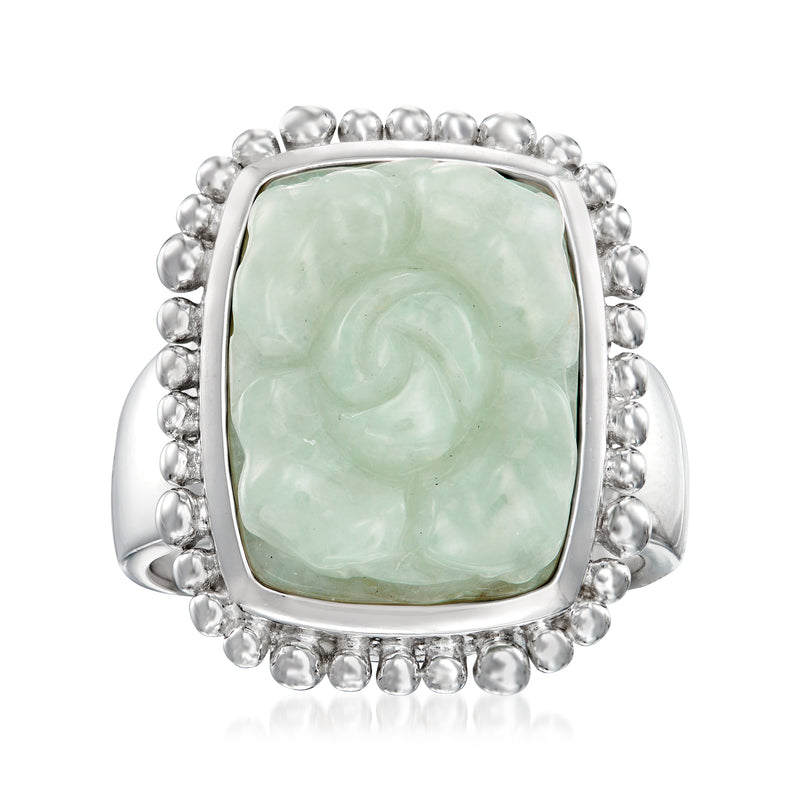 Sterling silver ring with square light-green jade centerpiece and beaded halo setting