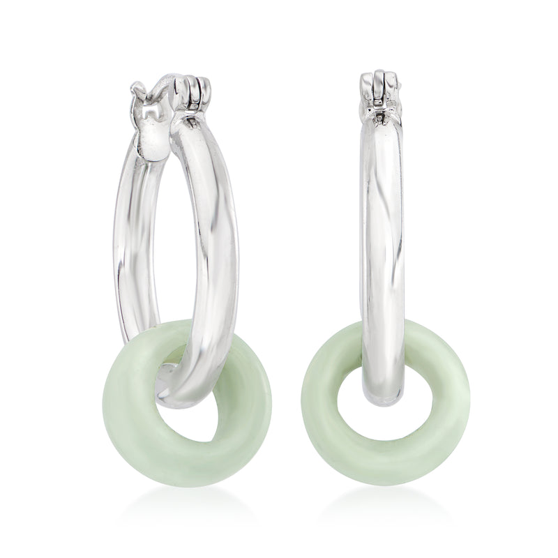 Sterling silver hoop drop earrings with light green jade-colored discs