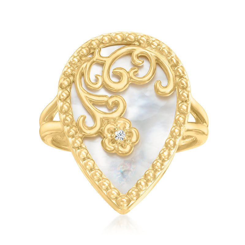 Gold teardrop ring with mother-of-pearl center and floral cutout detail