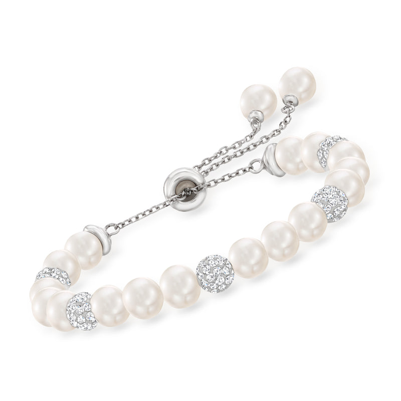 Sterling silver bolo bracelet with cultured pearl beads and CZ pave clips