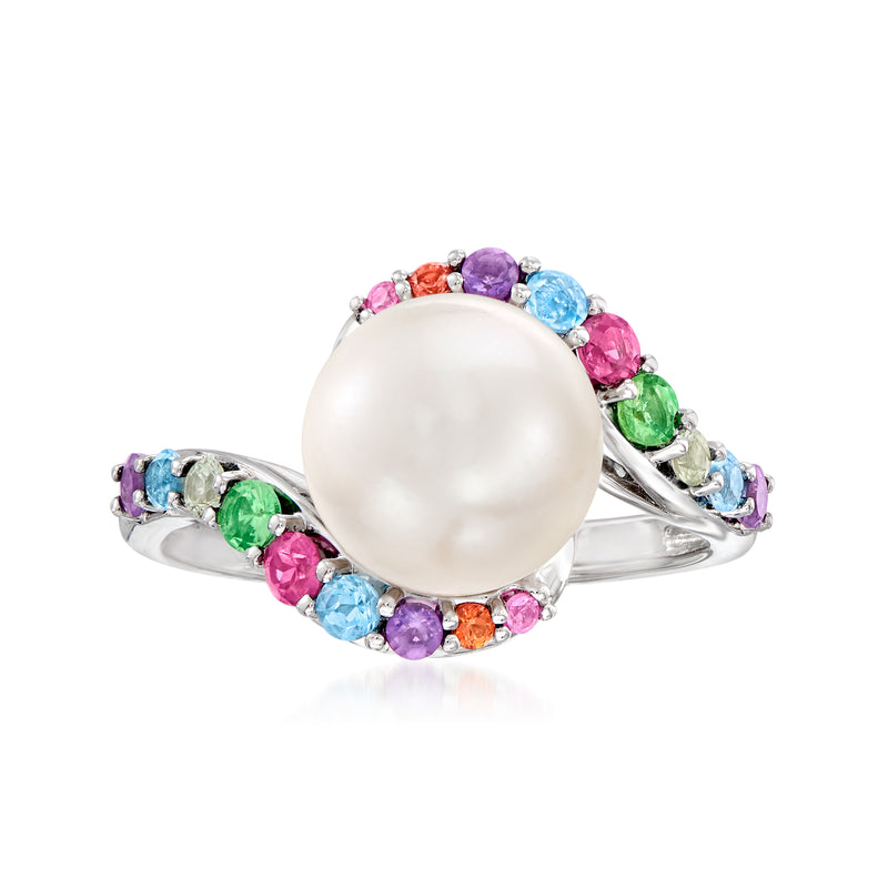 Sterling silver ring with large white cultured pearl and colorful gemstone halo