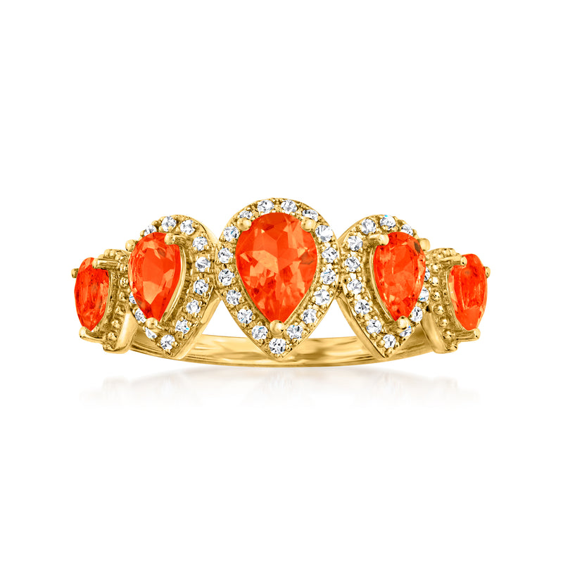 14kt yellow gold ring with three pear-shaped orange gemstones and diamond accents