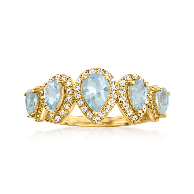 14kt yellow gold pear-shaped aquamarine and diamond halo ring