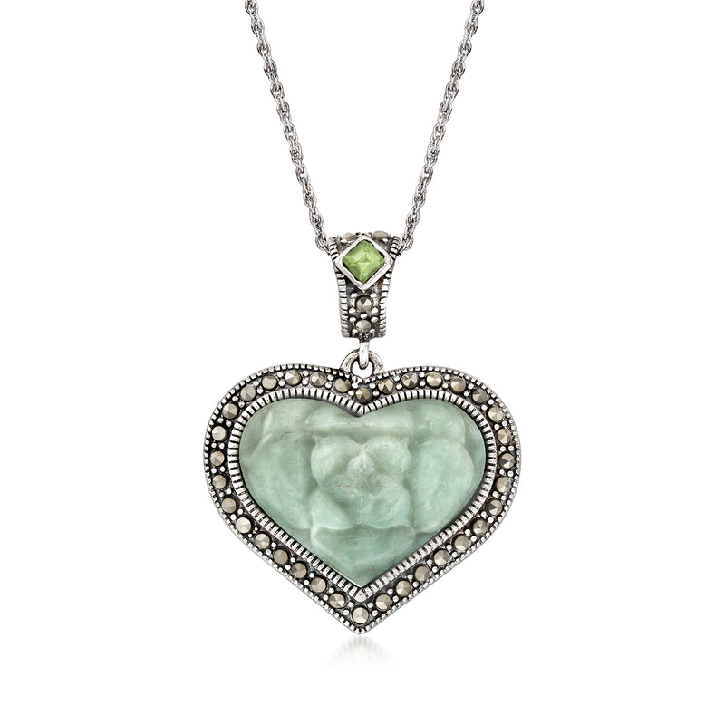Sterling silver heart pendant necklace with green heart gemstone and marcasite border