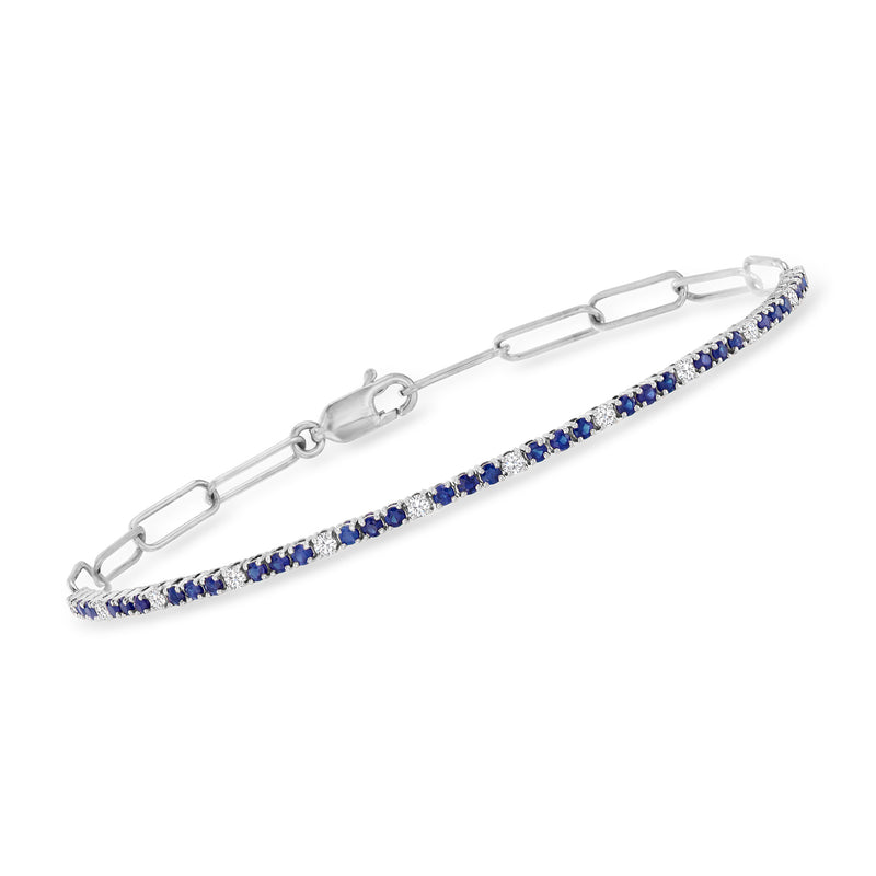 14kt white gold paper clip link bracelet with sapphire and diamond accent row