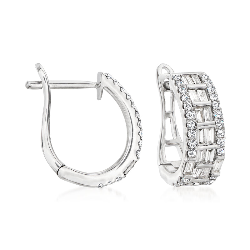 Diamond hoop earrings in 14kt white gold, with pave and baguette diamond accents