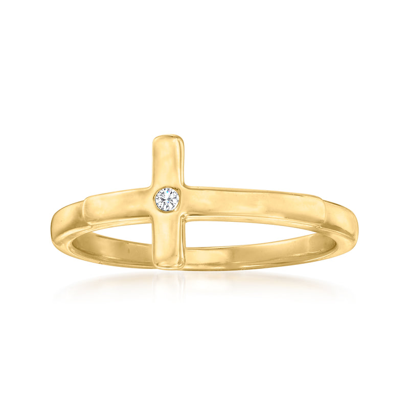 Gold over sterling ring with sideways cross and round diamond center