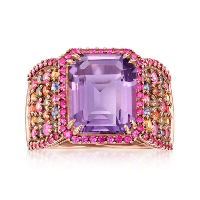 Amethyst cushion gemstone ring in rose gold with pink and multicolor sapphire halo