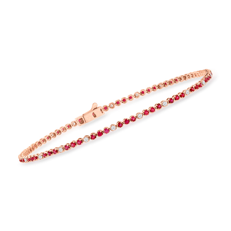 14kt rose gold tennis bracelet with ruby and diamond bezel-set stones