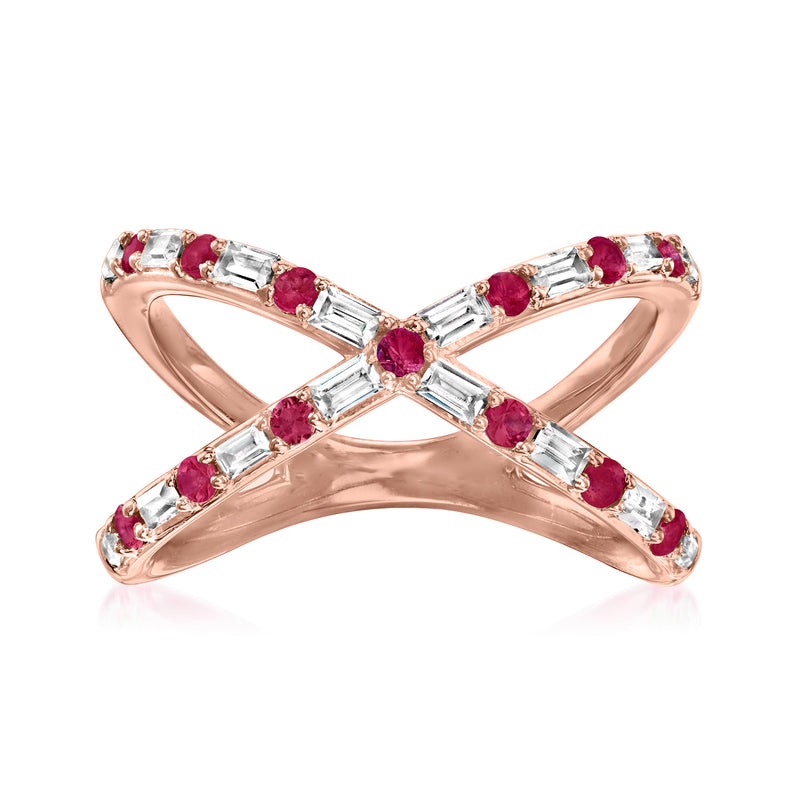 14kt rose gold crisscross ring with ruby and clear diamond accents, open X design